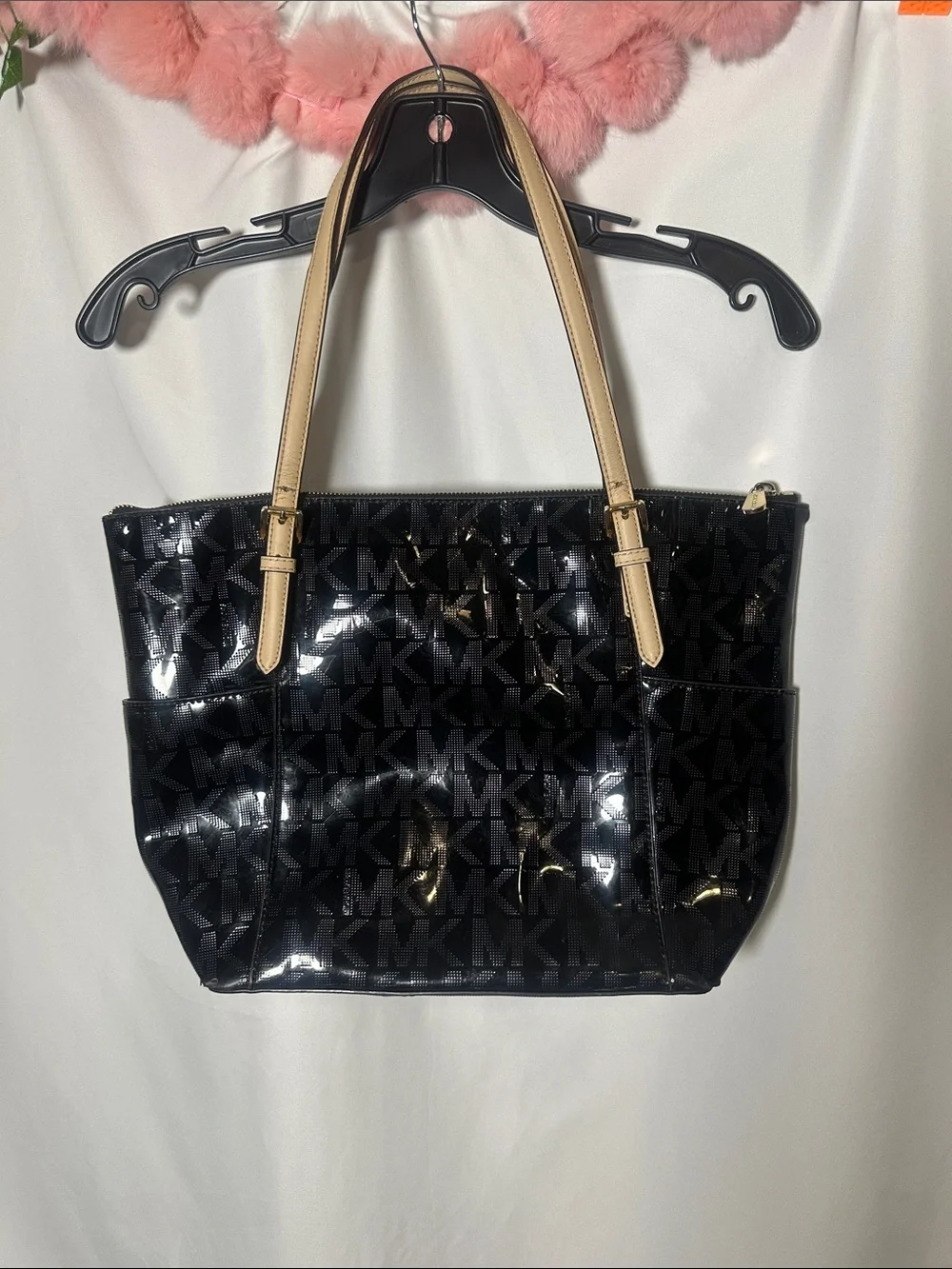 Michael Kors Black Patent Logo Tote with Beige Handles